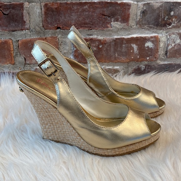 Lilly Pulitzer Kristin Slingback Wedge Sandal in Gold Metallic Leather, Size 6M - Picture 7 of 17